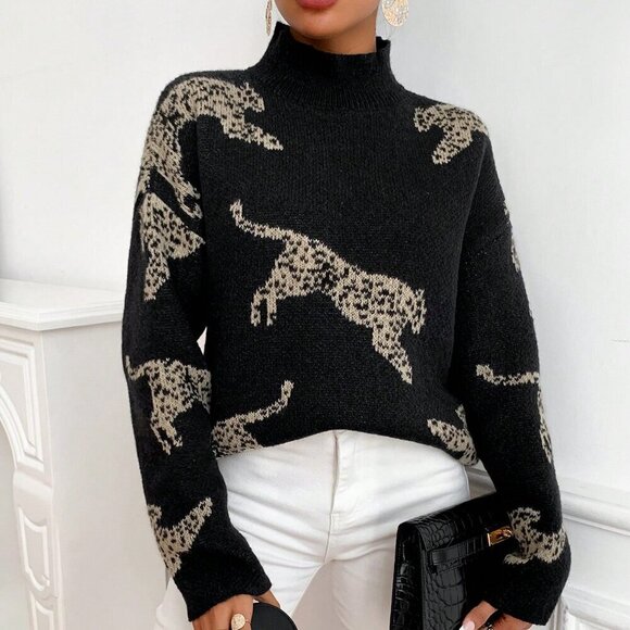 Black Casual Women's Leopard Pattern High Neck Drop Shoulder Sweater - Picture 1 of 6